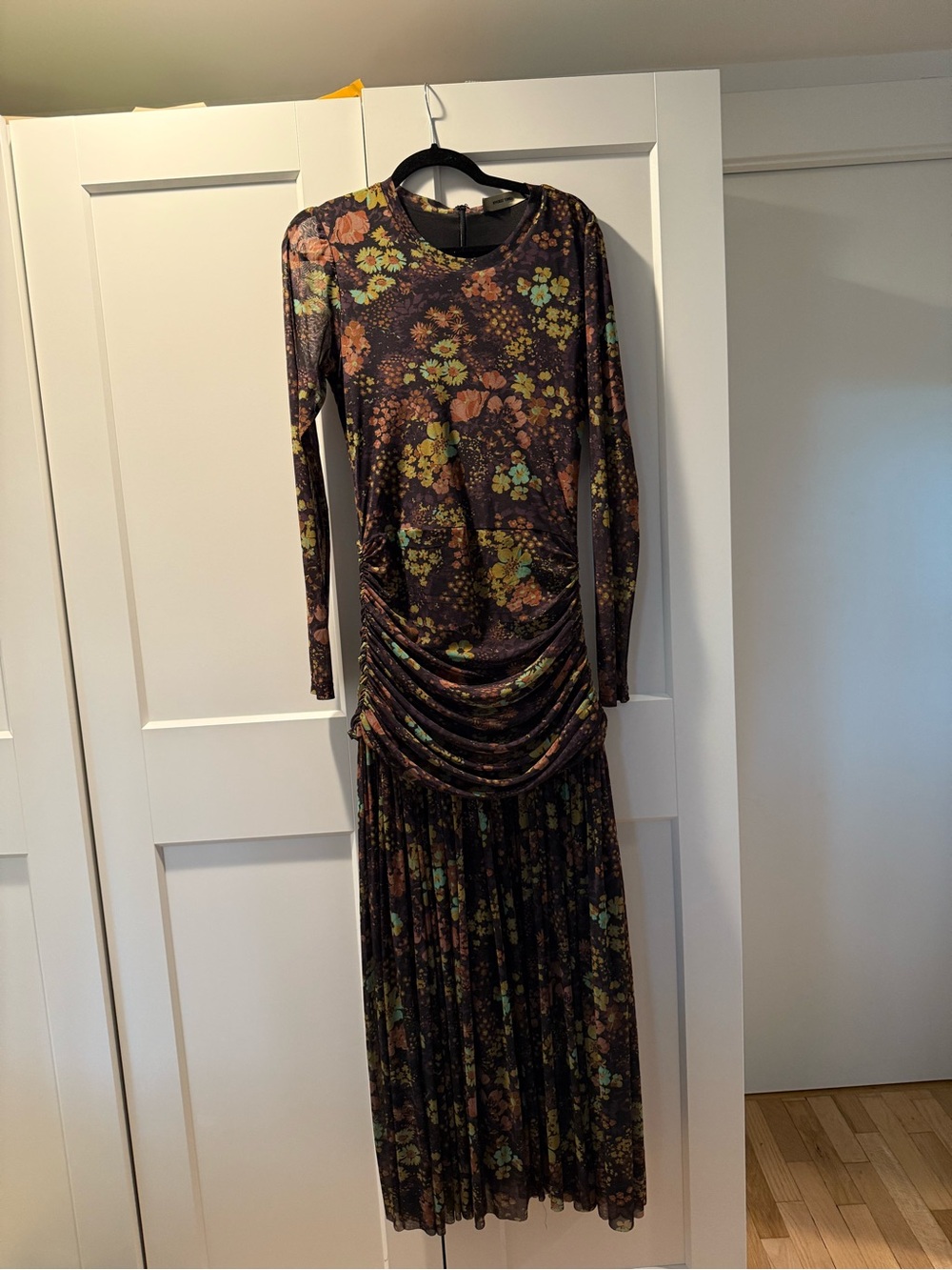 Floral Long Sleeve Brown Maxi Dress with Draped Waist